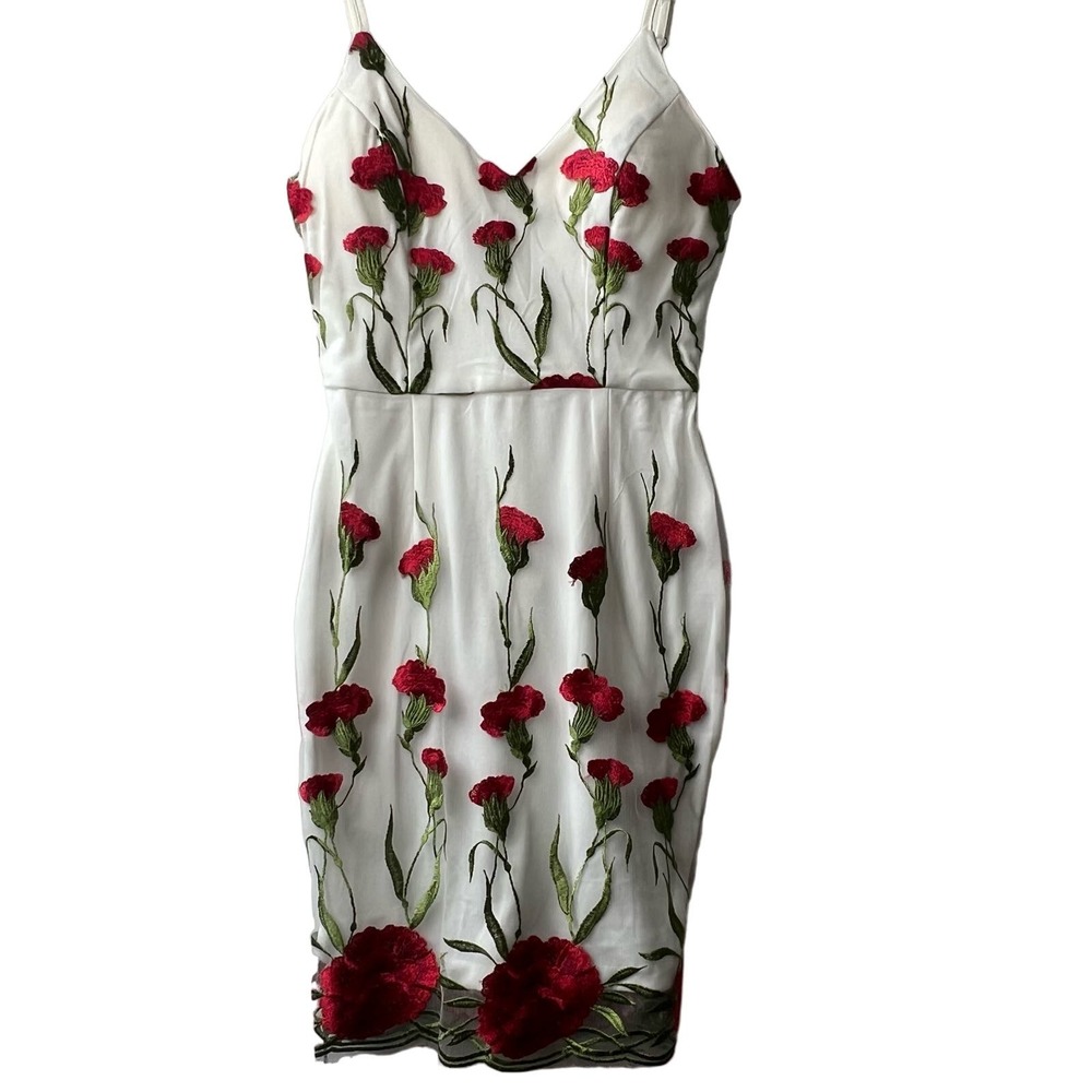 Dygarni White Rose Embroidered Bodycon Dress Size Small